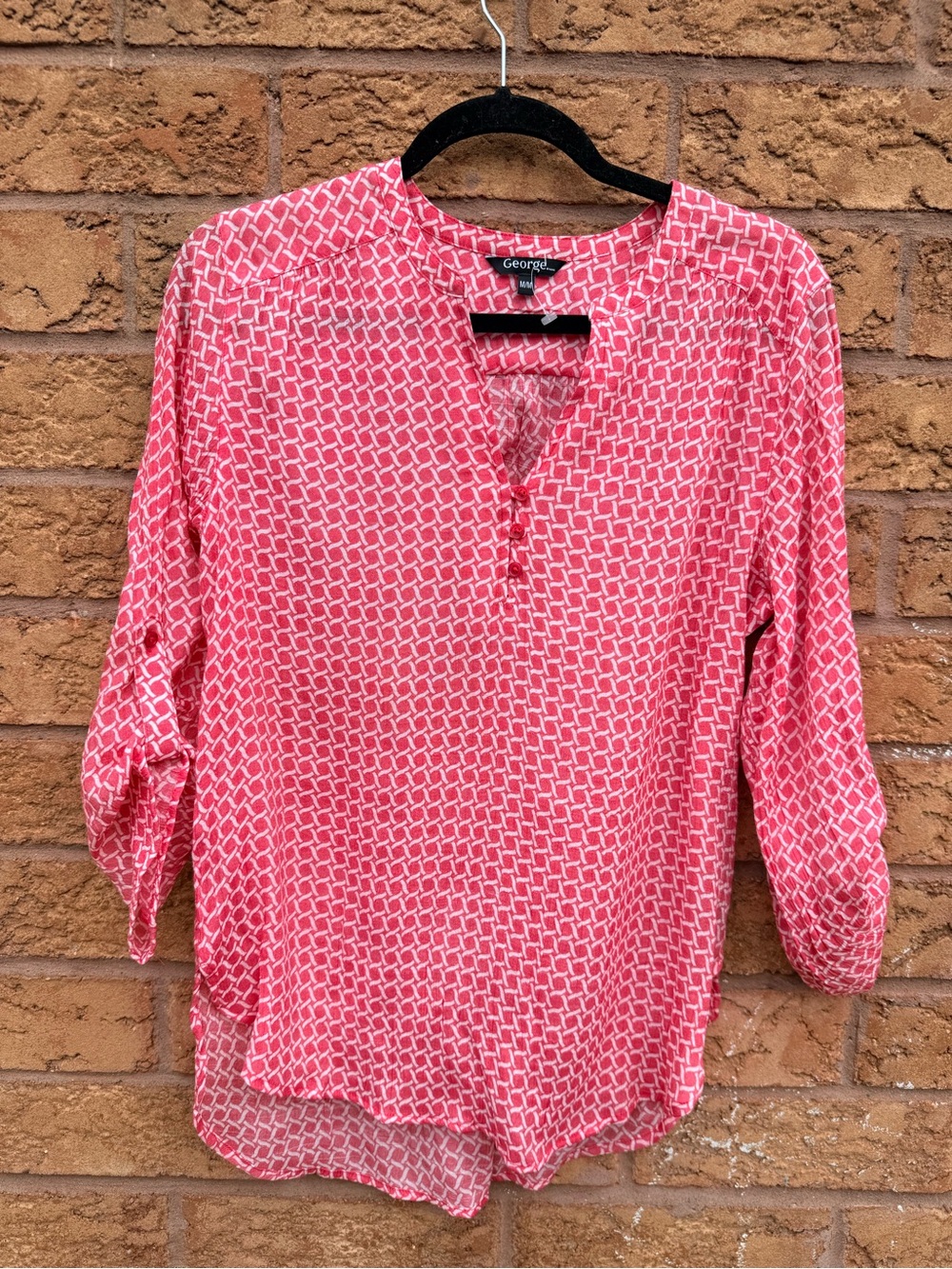 💫10/$25 • George Coral Pink Geometric Print Roll-Tab Blouse